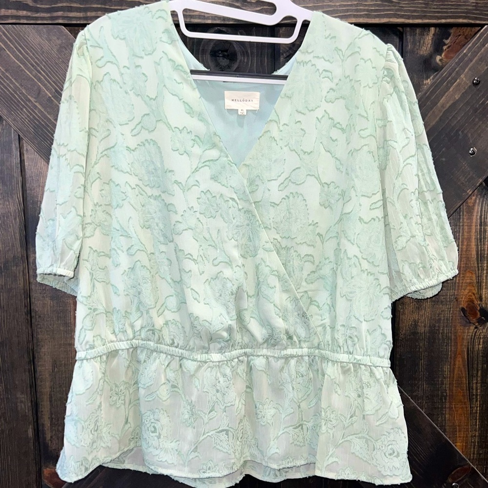 Anthropologie Melloday Textured Wrap Top XL Green Peplum Romantic Boho Y2K Girly